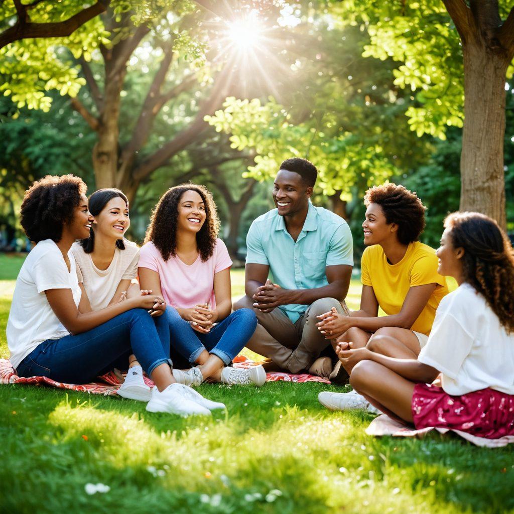 A colorful and inviting scene of a diverse group of people sitting in a circle, sharing stories and laughter in a lush park setting. The background features blooming flowers and trees with sunlight filtering through the leaves, symbolizing warmth and joy. Include elements of connection, like hand-holding and smiling faces, to highlight support and camaraderie. The overall vibe should be cheerful and uplifting. vibrant colors. super-realistic.