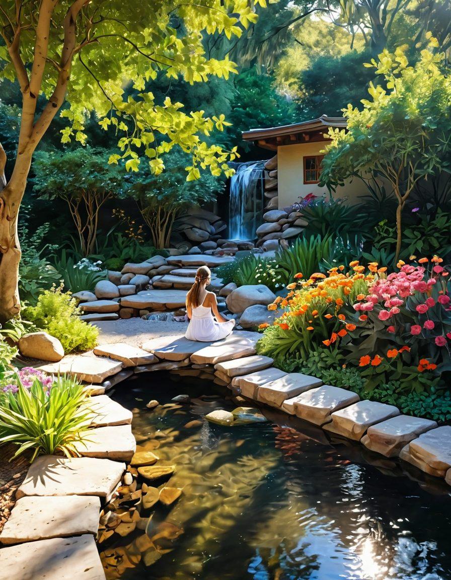 A serene landscape with a tranquil garden filled with vibrant flowers, a gentle stream flowing through, and a cozy meditation nook surrounded by lush greenery. Soft sunlight filters through the leaves, casting a warm glow, symbolizing peace and contentment. Include a person sitting in meditation, exuding bliss, with symbols of wellness tools like journals and crystals nearby. calming colors. super-realistic. sunny atmosphere.