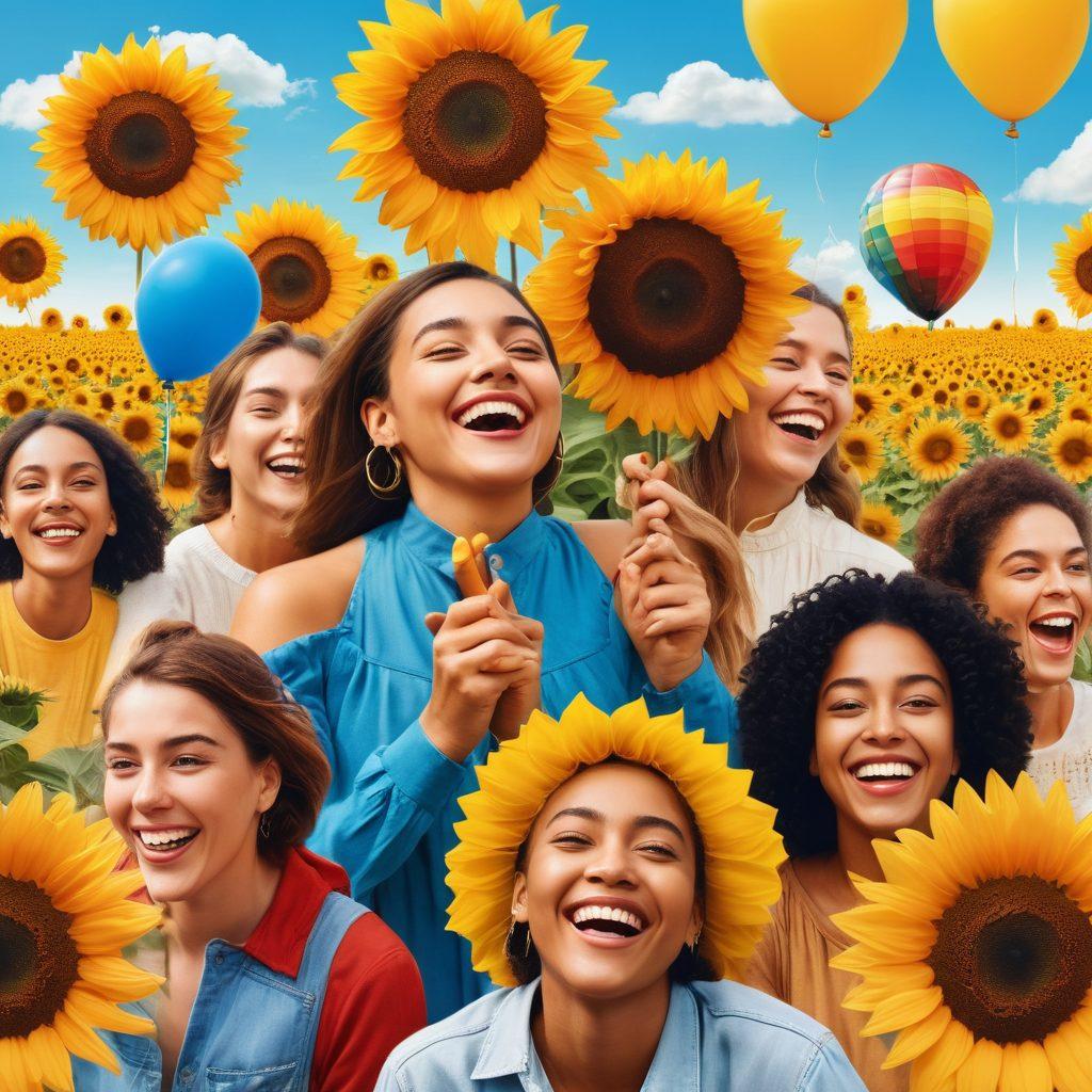 A bright and colorful collage showcasing diverse people joyfully connecting in a community setting, surrounded by symbols of happiness like sunflowers, balloons, and laughter. Incorporate warm sunlight and a blue sky, illustrating a sense of belonging and togetherness. The scene should evoke positivity and upliftment, resonating with the theme of joy and connection. vibrant colors. illustration.